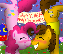Size: 700x600 | Tagged: safe, artist:crazynutbob, cheese sandwich, pinkie pie, g4, balloonbutt, blushing, boop, butt, female, grin, handstand, hearts and hooves day, male, noseboop, party, plot, ship:cheesepie, shipping, straight