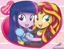 Size: 1086x834 | Tagged: safe, artist:the-butch-x, sunset shimmer, twilight sparkle, equestria girls, g4, cute, duo, female, heart, hug, lesbian, looking at you, open mouth, shimmerbetes, ship:sunsetsparkle, shipping, smiling, twiabetes, twilight sparkle (alicorn), valentine's day