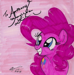 Size: 1368x1382 | Tagged: safe, artist:newyorkx3, pinkie pie, g4, andrea libman, female, grin, signature, smiling, solo, squee, traditional art