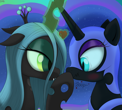 Size: 1980x1782 | Tagged: dead source, safe, artist:irregular-entity, nightmare moon, queen chrysalis, alicorn, changeling, changeling queen, pony, g4, blushing, boop, female, heart, lesbian, scrunchy face, ship:chrysmoon, shipping