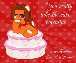 Size: 1280x1067 | Tagged: safe, artist:aha-mccoy, oc, oc only, oc:aha mclovin, pegasus, pony, nopony-ask-mclovin, bowtie, cake, male, popping out of a cake, solo, stallion, valentine's day card
