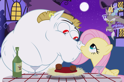 Size: 6030x4000 | Tagged: safe, artist:jeatz-axl, bulk biceps, discord, fluttershy, draconequus, pegasus, pony, g4, alcohol, champagne, dinner, disney, duo focus, female, jealous, kissing, lady and the tramp, male, meatball, ponies eating meat, ship:flutterbulk, shipping, spaghetti, spaghetti scene, straight, trio, wine