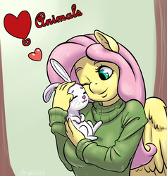 Size: 1681x1771 | Tagged: safe, artist:draneas, angel bunny, fluttershy, anthro, g4, clothes, female, heart, solo, sweater, sweatershy, valentine's day