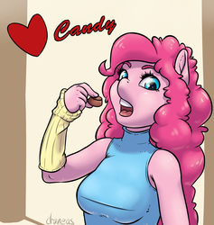 Size: 1681x1771 | Tagged: safe, artist:draneas, pinkie pie, earth pony, anthro, g4, candy, chocolate, clothes, female, food, heart, solo, valentine's day