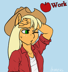 Size: 1681x1771 | Tagged: safe, artist:draneas, applejack, earth pony, anthro, g4, apple, clothes, female, simple background, solo, that pony sure does love apples, valentine's day