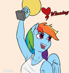 Size: 1681x1771 | Tagged: safe, artist:draneas, rainbow dash, anthro, g4, armpits, clothes, female, heart, simple background, solo, tank top, trophy, valentine's day