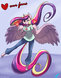 Size: 1890x2427 | Tagged: safe, artist:cynux, artist:draneas, princess cadance, anthro, unguligrade anthro, g4, clothes, female, heart, simple background, solo, valentine's day