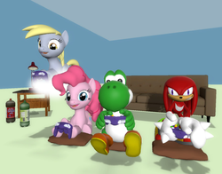 Size: 1380x1080 | Tagged: safe, artist:zefrenchm, derpy hooves, pinkie pie, pegasus, pony, yoshi, g4, 3d, cloud, controller, crossover, female, gamecube controller, gmod, knuckles the echidna, male, mare, nintendo, sega, sonic the hedgehog (series), super mario bros.