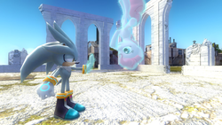 Size: 1360x768 | Tagged: safe, artist:nightsilverchelly, pinkie pie, g4, 3d, crossover, gmod, levitation, magic, male, psychic powers, silver the hedgehog, sonic the hedgehog, sonic the hedgehog (series), telekinesis