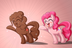 Size: 1500x1000 | Tagged: dead source, safe, artist:ushiro no kukan, pinkie pie, g4, blushing, chocolate, cute, diapinkes, eyes closed, female, open mouth, smiling, solo, sparkles