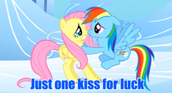 Size: 630x342 | Tagged: safe, fluttershy, rainbow dash, g4, blue text, female, image macro, kissing, lesbian, meme, ship:flutterdash, shipping