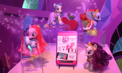 Size: 1278x769 | Tagged: safe, coco pommel, pinkie pie, rainbow dash, rarity, earth pony, pony, g4, official, beauty mask, brushable, clothes, cucumber, dress, fashion style, female, gala dress, irl, photo, toy