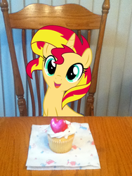 Size: 720x960 | Tagged: safe, artist:light262, sunset shimmer, pony, unicorn, g4, cupcake, cute, hearts and hooves day, irl, looking at you, meme, no regrets, open mouth, photo, shimmerbetes, smiling, solo, valentine's day, vector, waifu, waifu dinner