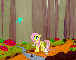 Size: 1134x907 | Tagged: safe, artist:sigpi, angel bunny, fluttershy, butterfly, g4, female, forest, solo