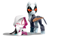 Size: 1024x670 | Tagged: safe, artist:supermare, applejack, derpy hooves, pegasus, pony, g4, crossover, deadpool, female, gwen stacy, mare, marvel, ponified, simple background, spider-gwen, transparent background, x-force