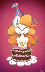 Size: 1189x1900 | Tagged: safe, artist:erysz, oc, oc only, oc:sugar beet, anthro, birthday cake, blushing, cake, freckles, hat, party hat, smiling, solo
