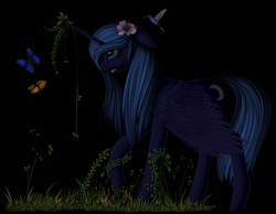 Size: 4503x3500 | Tagged: dead source, safe, artist:f13proxima, princess luna, bird, butterfly, g4, female, flower in hair, s1 luna, solo