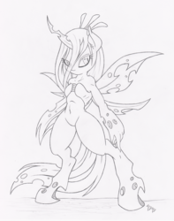 Size: 788x1000 | Tagged: safe, artist:dfectivedvice, queen chrysalis, changeling, changeling queen, anthro, unguligrade anthro, g4, arm hooves, female, grayscale, monochrome, solo, traditional art