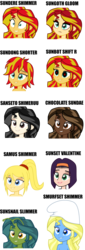Size: 2216x6513 | Tagged: safe, artist:mkovic, sunset shimmer, robot, snail, equestria girls, g4, my little pony equestria girls: rainbow rocks, alternate color palette, alternate hairstyle, cowboy bebop, edit of an edit of an edit, faye valentine, goth, head only, metroid, parody, punset shimmer, recolor, samus aran, simple background, smurfette, sundere shimmer, text, the smurfs, transparent background, vector, yandere