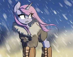 Size: 1281x1002 | Tagged: safe, artist:katputze, oc, oc only, boots, clothes, coat, snow, snowfall, solo