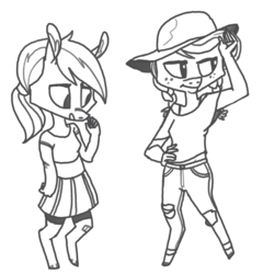 Size: 707x736 | Tagged: safe, artist:spectralunicorn, applejack, rainbow dash, anthro, g4, clothes, monochrome, nose picking