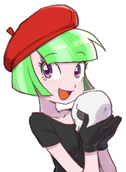 Size: 366x500 | Tagged: safe, artist:baekgup, drama letter, watermelody, equestria girls, g4, background human, beret, clothes, cute, dramabetes, eyebrows, eyebrows visible through hair, female, gloves, hat, open mouth, open smile, simple background, skull, smiling, solo, white background, yorick