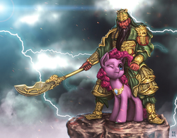 Size: 3000x2355 | Tagged: safe, artist:mrs1989, pinkie pie, human, g4, awesome, crossover, dynasty warriors, element of laughter, guan yu, high res, humans riding ponies, lightning, red hare, riding, smite