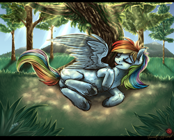 Size: 2600x2100 | Tagged: safe, artist:ell-bro, rainbow dash, ladybug, g4, :p, blank flank, crepuscular rays, cute, dappled sunlight, dock, eyes closed, female, fluffy, grass, high res, horses doing horse things, on side, rolling, smiling, solo, spread wings, tongue out, tree, underhoof, unshorn fetlocks