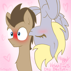 Size: 1000x1000 | Tagged: safe, artist:frostsentry150, derpy hooves, doctor whooves, time turner, pegasus, pony, g4, blushing, cheek kiss, female, heart, kissing, male, mare, ship:doctorderpy, shipping, straight, upside down, valentine's day