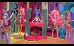 Size: 1280x800 | Tagged: safe, applejack, dj pon-3, pinkie pie, sci-twi, sour sweet, sunny flare, twilight sparkle, vinyl scratch, equestria girls, g4, my little pony equestria girls: friendship games, doll, playset, toy fair 2015