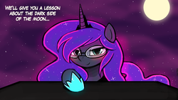 Size: 960x540 | Tagged: safe, artist:lumineko, princess luna, g4, bedroom eyes, blushing, cute, dreamluna, female, glasses, imminent sex, imminent snu snu, looking at you, lunabetes, moon, praise the moon, smiling, solo, stupid sexy princess luna, valentine's day