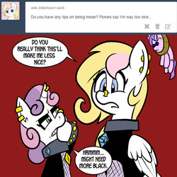 Size: 576x576 | Tagged: safe, artist:pembroke, diamond tiara, sweetie belle, oc, oc:inkie heart, pegasus, pony, unicorn, ask inkie heart, ask meanie belle, g4, ask, chubby diamond, eyeshadow, makeup, meanie belle, pegasus oc, tumblr