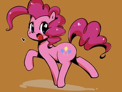 Size: 1280x961 | Tagged: safe, artist:moka, pinkie pie, earth pony, pony, g4, blushing, brown background, cute, diapinkes, female, heart, looking at you, open mouth, simple background, smiling, smiling pinkie pie tolts left, solo