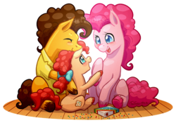 Size: 900x631 | Tagged: safe, artist:taritoons, cheese sandwich, pinkie pie, oc, oc:fairy bread, g4, cel shading, female, hug, male, offspring, parent:cheese sandwich, parent:pinkie pie, parents:cheesepie, ship:cheesepie, shipping, simple background, sitting, straight, transparent background