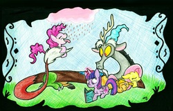 Size: 1200x775 | Tagged: safe, artist:wahyawolf, discord, fluttershy, pinkie pie, twilight sparkle, alicorn, earth pony, pegasus, pony, g4, book, chocolate rain, female, lying down, mare, open mouth, reading, tongue out, traditional art, twilight sparkle (alicorn)