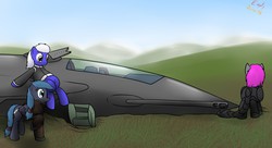 Size: 1280x698 | Tagged: safe, artist:the-furry-railfan, oc, oc only, oc:crash dive, oc:night strike, oc:static charge, earth pony, pegasus, pony, fallout equestria, fallout equestria: empty quiver, aircraft, armor, autocannon, bomber, cannon, clothes, cockpit, enclave, enclave armor, field, grand pegasus enclave, power armor, sitting, story, turret, wreck, xb/a-1 valkyrie