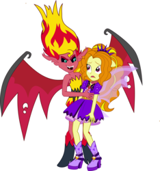 Size: 7339x7857 | Tagged: safe, artist:mit-boy, adagio dazzle, sunset shimmer, demon, equestria girls, g4, my little pony equestria girls: rainbow rocks, absurd resolution, boots, duo, female, fin wings, gem, lesbian, ponied up, ship:sunsagio, shipping, shoes, simple background, siren gem, sunset satan, transparent background, vector