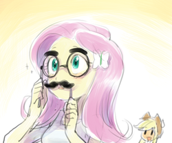 Size: 716x600 | Tagged: safe, artist:baekgup, applejack, fluttershy, equestria girls, g4, :o, blushing, disguise, fake moustache, groucho mask, sweatdrop, wide eyes