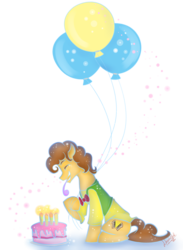 Size: 1024x1401 | Tagged: safe, artist:dragonfoxgirl, cheese sandwich, g4, balloon, cake, commission, reference, simple background, sitting, transparent background