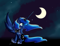 Size: 789x613 | Tagged: safe, artist:alazak, princess luna, g4, dark, female, looking over shoulder, moon, moonlight, sitting, solo