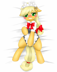 Size: 560x700 | Tagged: safe, artist:hashioaryut, applejack, earth pony, pony, g4, apron, blushing, bow, clothes, dress, ears back, embarrassed, female, floppy ears, maid, maidjack, mare, pixiv, solo