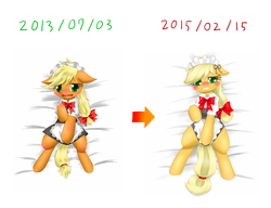 Size: 1300x1000 | Tagged: safe, artist:hashioaryut, applejack, earth pony, pony, g4, apron, blushing, bow, clothes, comparison, dress, embarrassed, female, floppy ears, lying down, maid, maidjack, mare, on back, pixiv, solo