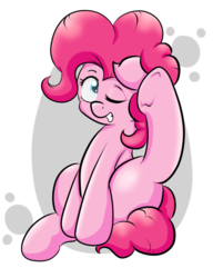 Size: 705x918 | Tagged: safe, artist:alazak, pinkie pie, g4, active stretch, behaving like a dog, cute, diapinkes, female, flexible, one eye closed, scratching, simple background, solo, transparent background, underhoof