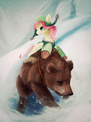 Size: 758x1017 | Tagged: safe, artist:honeyapplecake, fluttershy, harry, bear, g4, clothes, duo, flutterbadass, hat, looking away, ponies riding bears, riding, riding a bear, snow