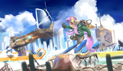 Size: 1023x597 | Tagged: dead source, safe, artist:dobado, fluttershy, anthro, g4, female, science fiction, solo