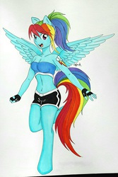 Size: 874x1306 | Tagged: safe, artist:shyredd, rainbow dash, anthro, unguligrade anthro, g4, bandeau, belly button, cleavage, clothes, female, high ponytail, human facial structure, midriff, playful, ponytail, sports bra, sports shorts