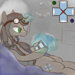Size: 500x500 | Tagged: safe, artist:mabu, doctor whooves, time turner, g4, ask, askgamingwhooves, beanbag chair, bio, doctor who, game, gamer, goggles, nintendo, reference sheet, tumblr, video game