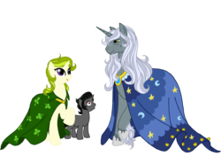 Size: 3485x2460 | Tagged: safe, artist:westphalianartist, clover the clever, king sombra, star swirl the bearded, g4, ancient, beard, clothes, clover, colt, foal, hatless, headcanon, high res, missing accessory, mother and son, older, robe, robes, simple background, son, teacher, transparent background, younger