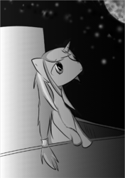 Size: 605x859 | Tagged: safe, artist:mabu, oc, oc only, oc:glimmer wish, pony, unicorn, ask-her-reality, balcony, black and white, female, grayscale, hiatus, mare, monochrome, moon, wish