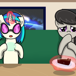 Size: 555x555 | Tagged: safe, artist:drawponies, artist:terminuslucis, dj pon-3, octavia melody, vinyl scratch, comic:adapting to night, g4, cafe, comic, comic preview, lunch